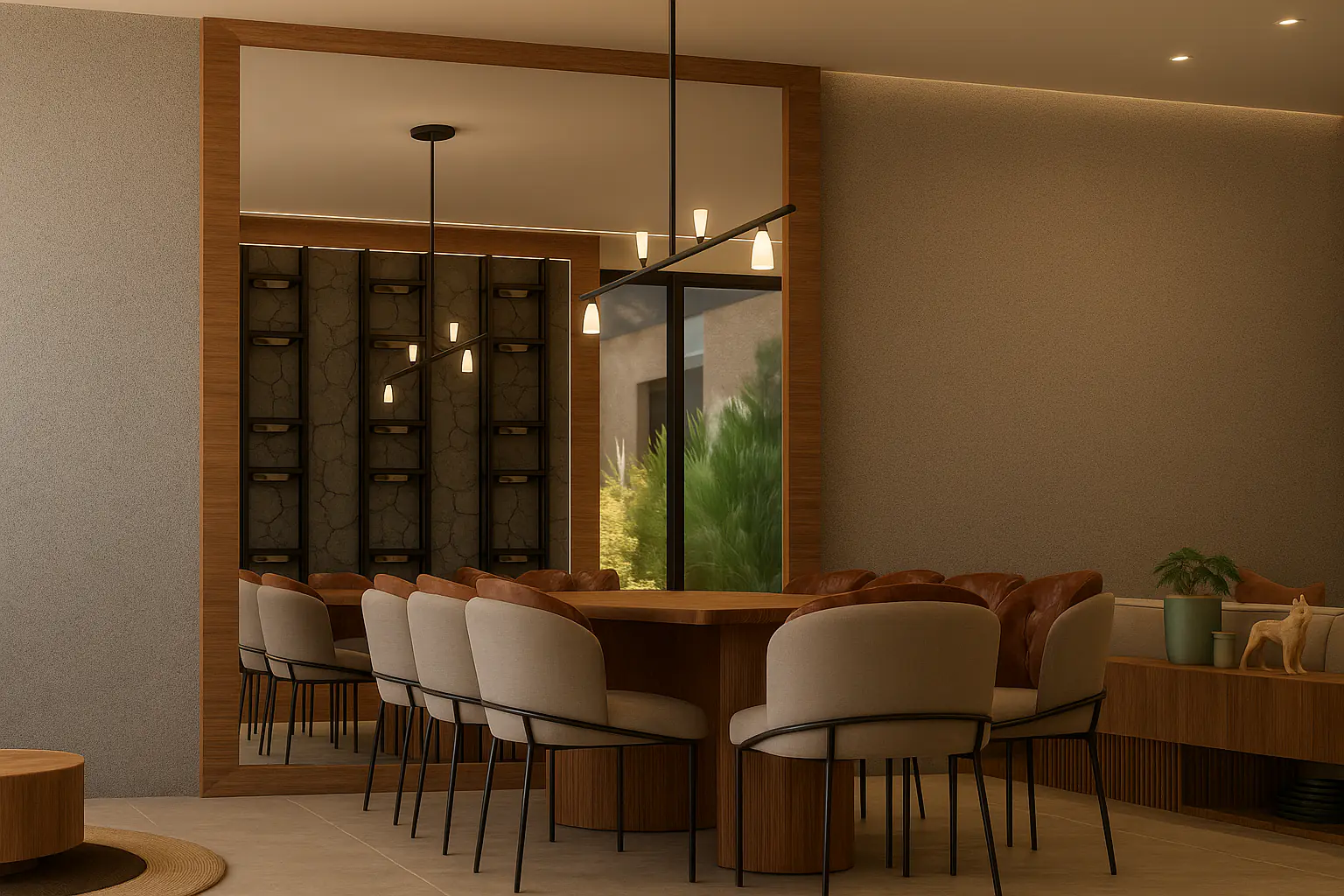 Sala de jantar com mesa de madeira, cadeiras estofadas e pendente escultural.