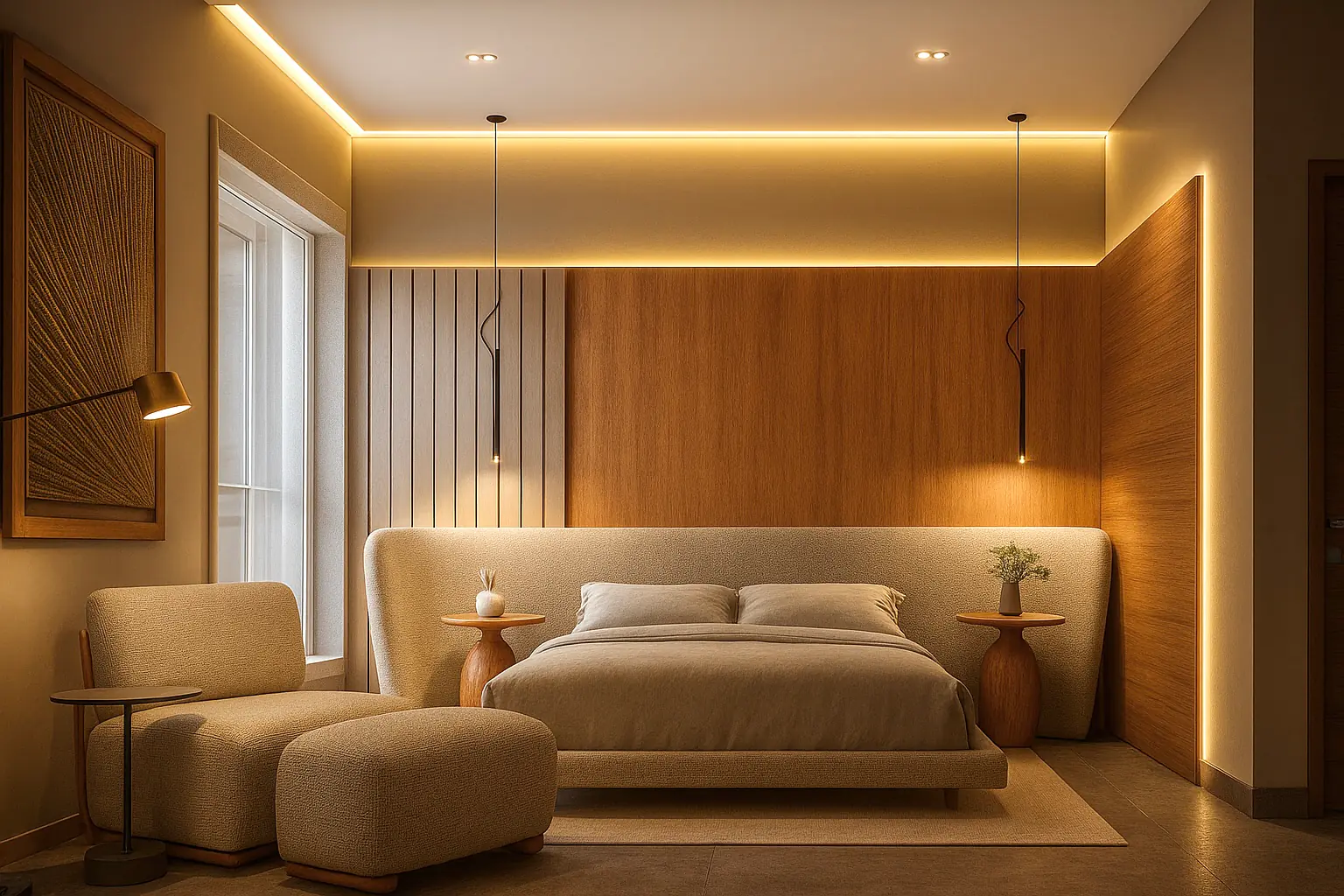 Quarto com painel de madeira ripada, cabeceira estofada e iluminação indireta.