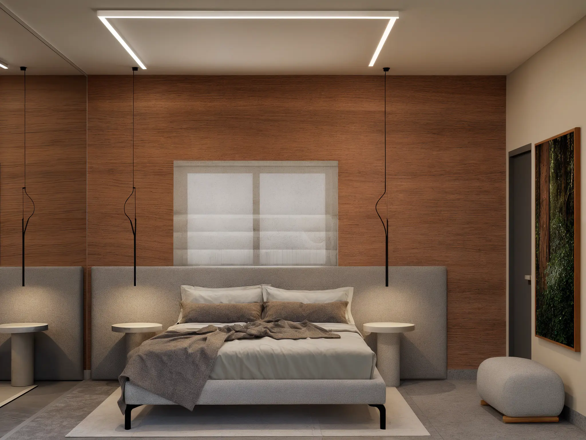 Closet integrado ao quarto com armários planejados em madeira.
